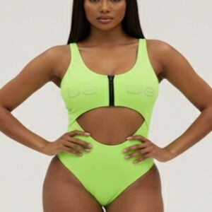 Bebe Monokini Sexy cut out SwimSuit Zip Crystals Neon lime